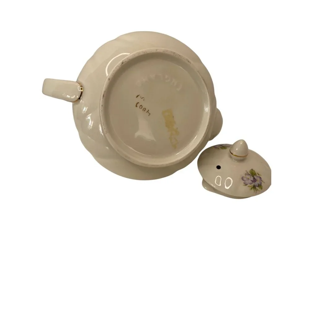 England‎ violet ceramic teapot with lid gilded gold trim rounded floral 6